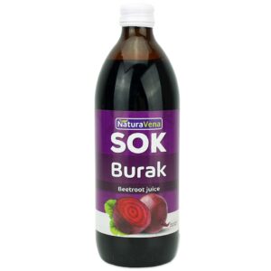 Butelka soku buraczanego NaturaVena o pojemności 500 ml, etykieta fioletowa z grafiką buraka.