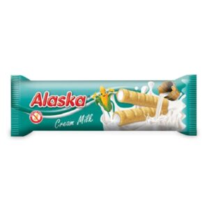 Opakowanie wafelków Alaska Cream Milk na zielonym tle, ozdobione grafiką mleka i kukurydzy.