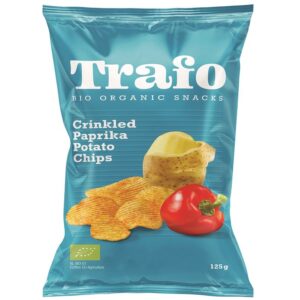 Opakowanie ekologicznych chipsów ziemniaczanych Trafo o smaku papryki, parzone z certyfikatem bio, 125 g.