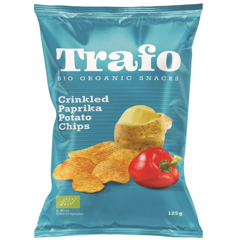 Opakowanie ekologicznych chipsów ziemniaczanych Trafo o smaku papryki, parzone z certyfikatem bio, 125 g.