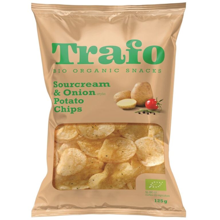 Opakowanie organicznych chipsów ziemniaczanych Trafo, smak śmietanka i cebula, 125g.