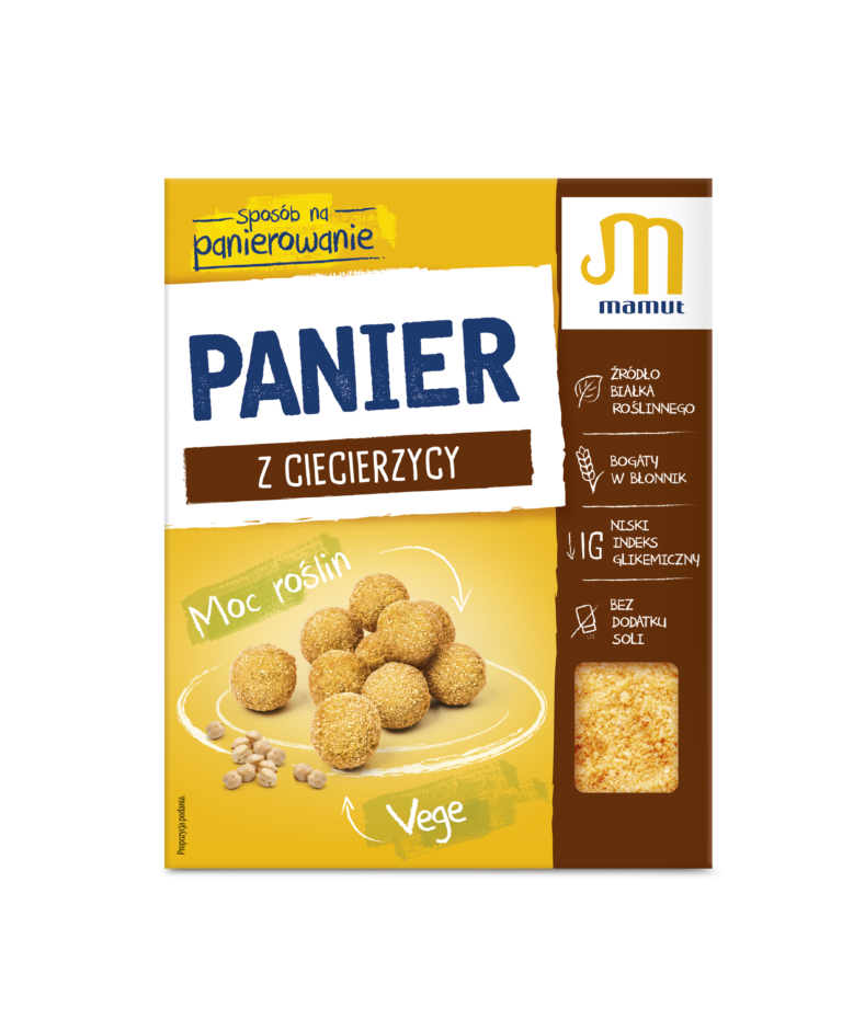 Opakowanie wegańskiego panieru z ciecierzycy Mamut, bogatego w białko roślinne i błonnik, z niskim indeksem glikemicznym.