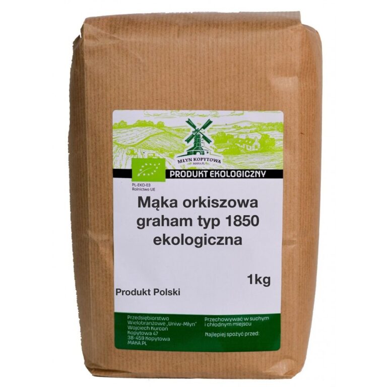 Ekologiczna mąka orkiszowa graham typ 1850, 1 kg, produkt polski, w kraftowym opakowaniu.