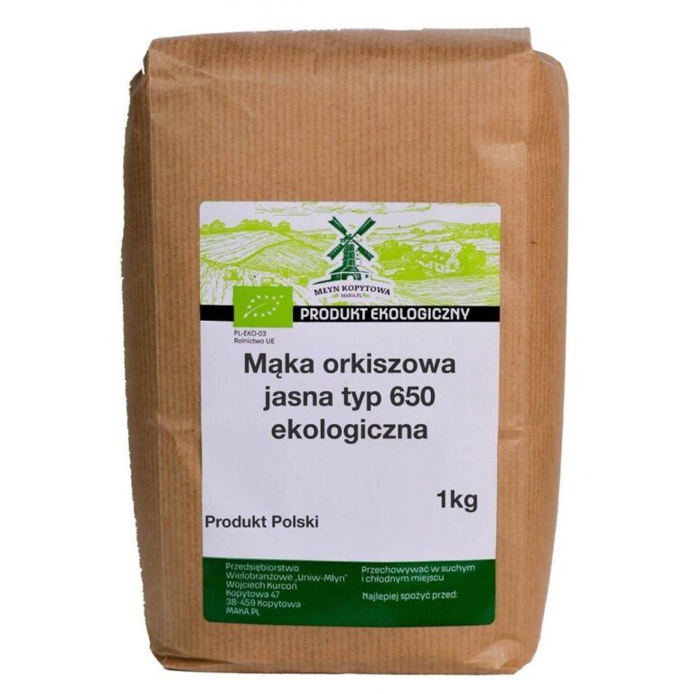 Ekologiczna mąka orkiszowa jasna typ 650, Produkt Polski, opakowanie 1 kg, Młyn Kopytowa.