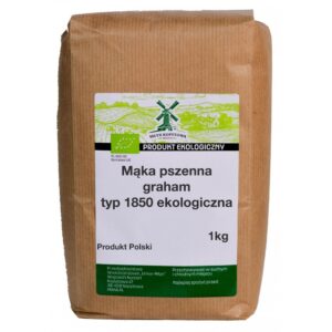 Ekologiczna mąka pszenna Graham, typ 1850, produkt polski, opakowanie 1 kg, certyfikacja UE.