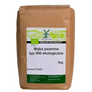 Ekologiczna mąka pszenna typ 500, 1 kg, produkt polski, w papierowym opakowaniu z młyna Kopytowa.