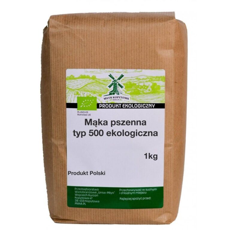 Ekologiczna mąka pszenna typ 500, 1 kg, produkt polski, w papierowym opakowaniu z młyna Kopytowa.