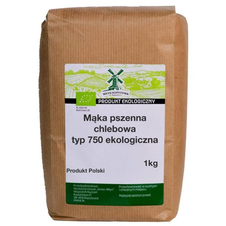 Ekologiczna mąka pszenna chlebowa typ 750, produkt polski, opakowanie 1kg.