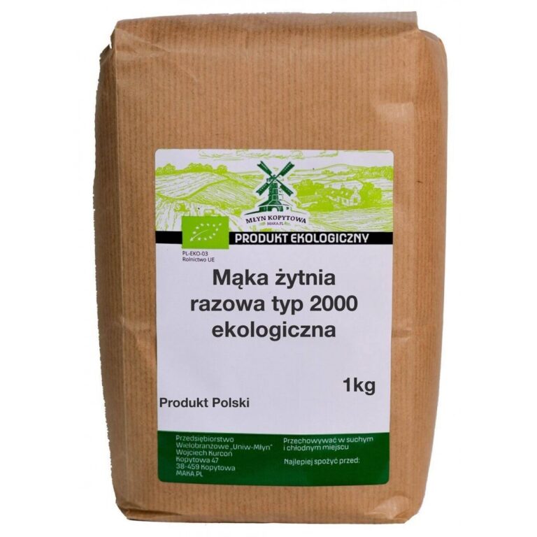 Ekologiczna mąka żytnia razowa typ 2000, 1 kg, w brązowym opakowaniu, produkt polski.