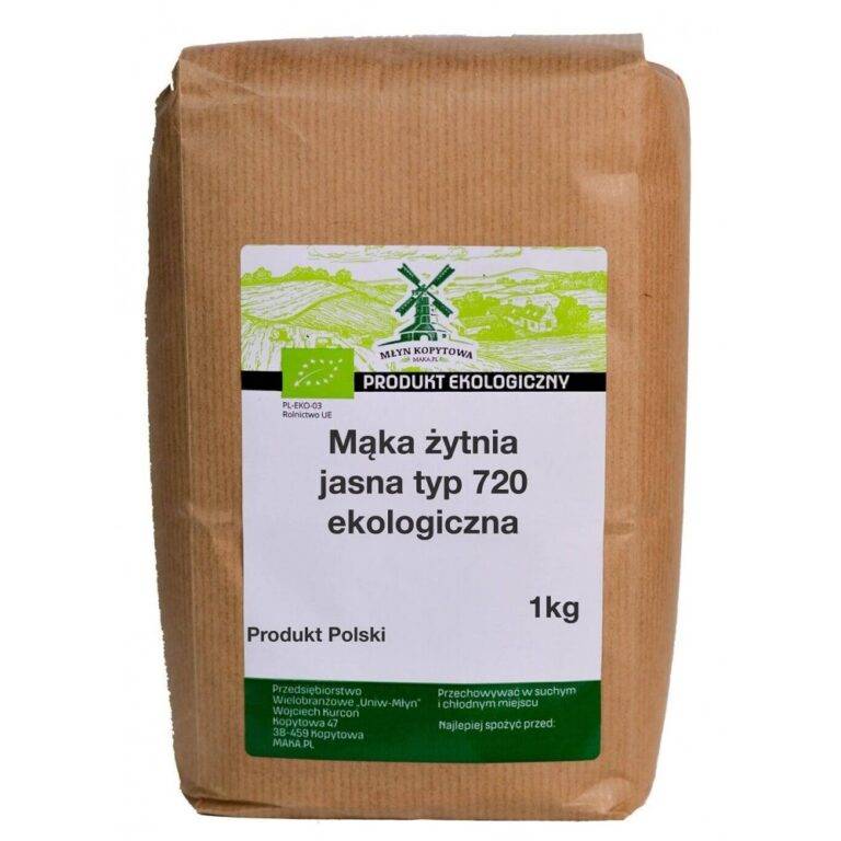Ekologiczna mąka żytnia jasna typ 720, 1 kg, produkt polski, brązowe opakowanie.