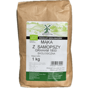 Ekologiczna mąka z samopszy Graham 1850 w papierowym opakowaniu 1 kg, produkt polski.