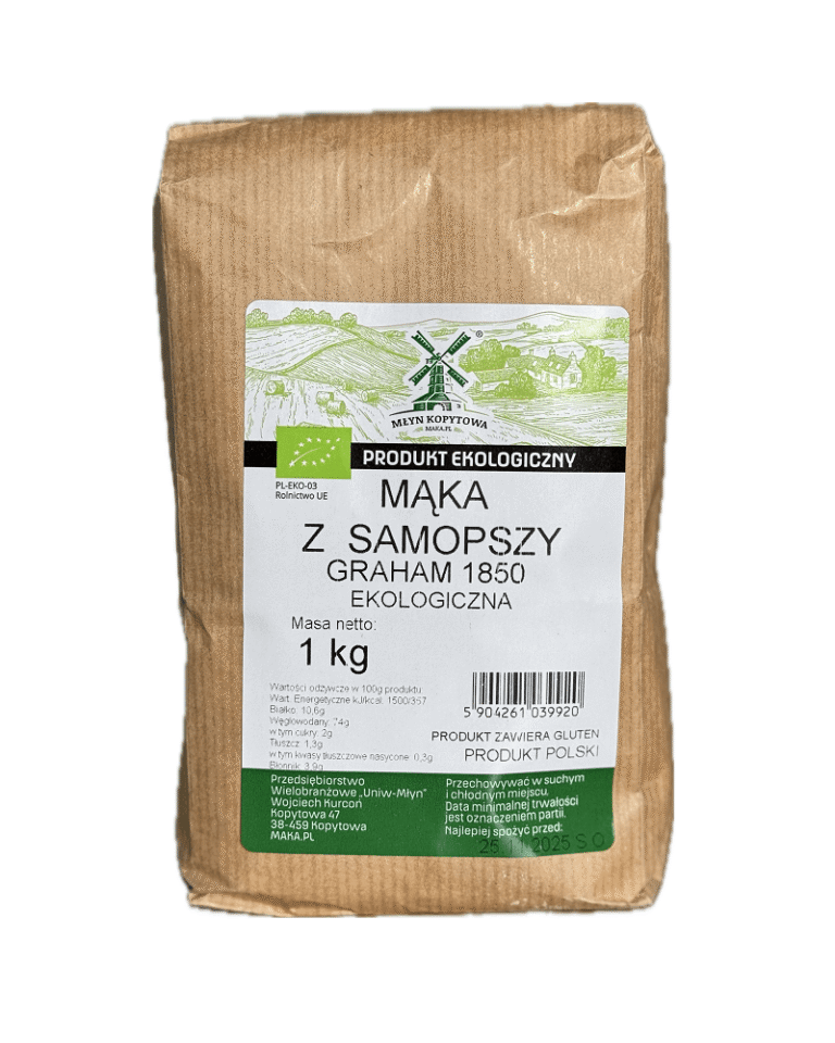 Ekologiczna mąka z samopszy Graham 1850 w papierowym opakowaniu 1 kg, produkt polski.