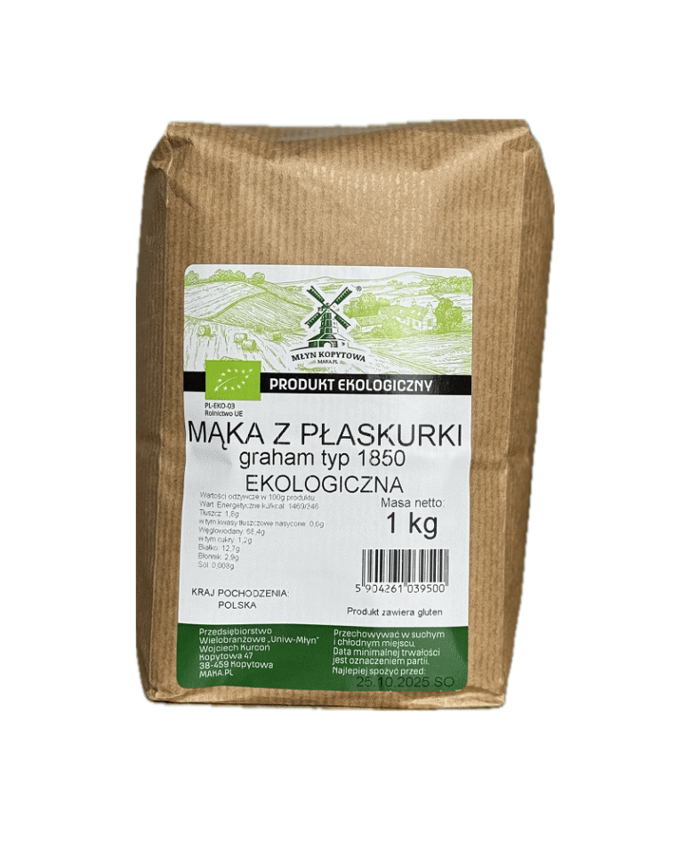 Opakowanie ekologicznej mąki graham typ 1850 z płaskurki 1 kg, Młyn Kopytowa, produkt polski.