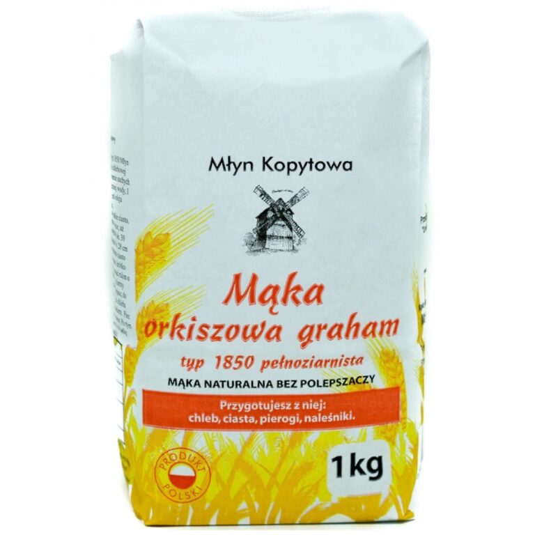 Opakowanie mąki orkiszowej typu Graham 1850, 1 kg, z Młyna Kopytowa, bez polepszaczy, produkt polski.