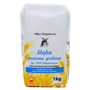 Opakowanie mąki pszennej graham typu 1850, pełnoziarnistej, 1 kg, Młyn Kopytowa. Produkt polski.