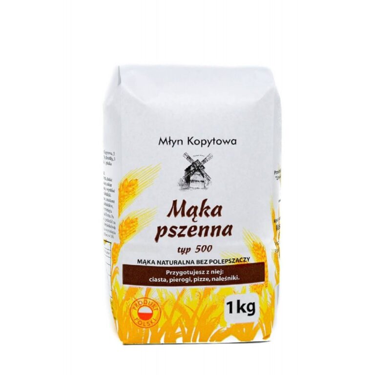 Opakowanie mąki pszennej typ 500 marki Młyn Kopytowa, 1 kg, produkt polski, naturalny, bez polepszaczy.