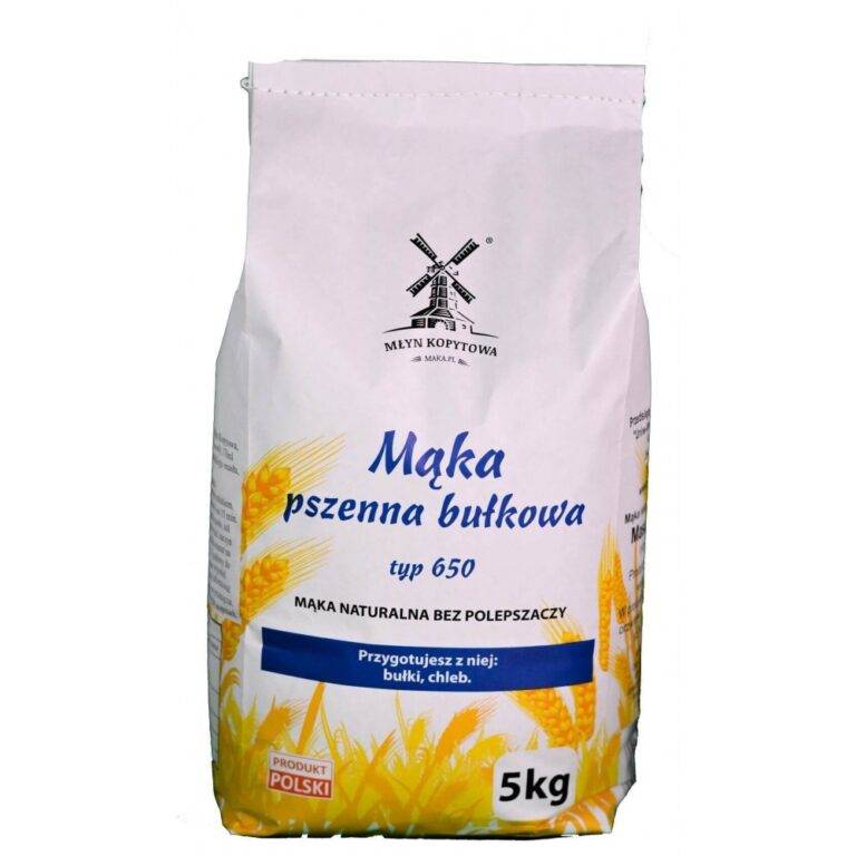 Opakowanie mąki pszennej bułkowej typ 650, 5 kg, produkt polski, do pieczenia bułek i chleba.