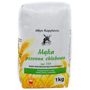 Opakowanie mąki pszennej chlebowej typu 750 Młyn Kopytowa, produkt polski, 1 kg. Idealna do chleba, ciast, naleśników.