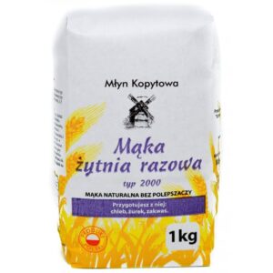 Torba mąki żytniej razowej typ 2000, 1 kg, Młyn Kopytowa, z grafiką kłosów i młyna, produkt polski.