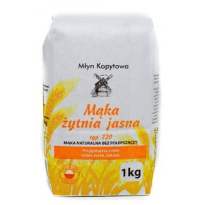 Opakowanie mąki żytniej jasnej typu 720, 1 kg od Młyn Kopytowa. Idealna do chleba i żurku. Produkt polski.