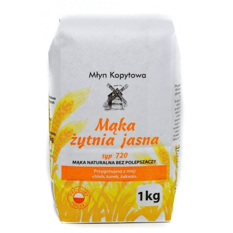 Opakowanie mąki żytniej jasnej typu 720, 1 kg od Młyn Kopytowa. Idealna do chleba i żurku. Produkt polski.