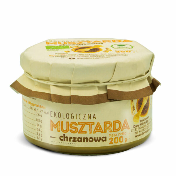 Ekologiczna musztarda chrzanowa 200g w słoiku, z etykietą informacyjną i ozdobnym papierowym wieczkiem.