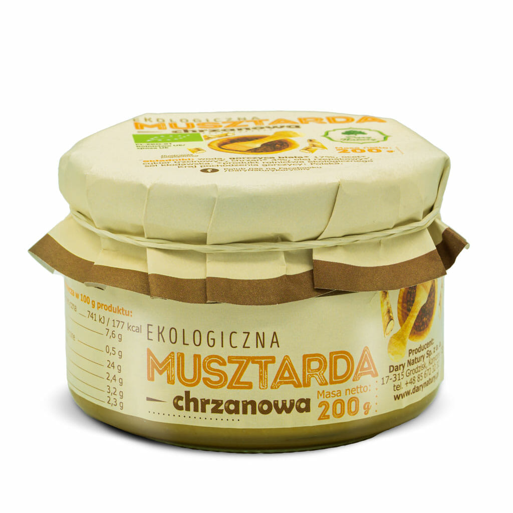 Ekologiczna musztarda chrzanowa 200g w słoiku, z etykietą informacyjną i ozdobnym papierowym wieczkiem.
