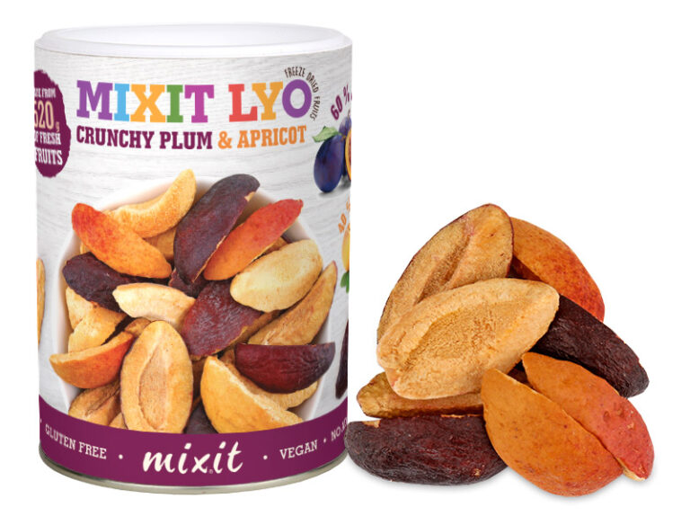 Puszka z liofilizowanymi śliwkami i morelami Mixit Lyo, bezglutenowy przysmak.