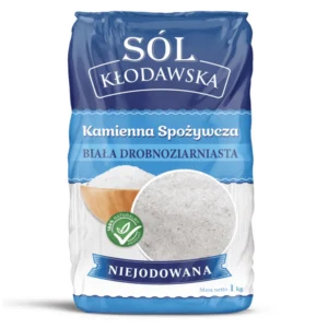 Opakowanie soli kamiennej Kłodawskiej, biała drobnoziarnista, nieiodowana, 1 kg. Produkt w 100% naturalny.