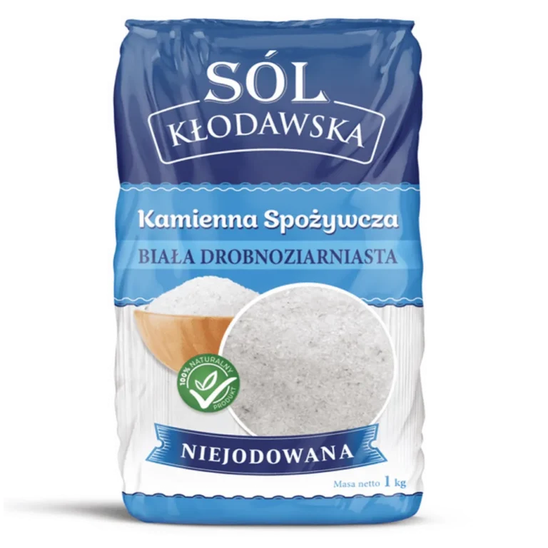 Opakowanie soli kamiennej Kłodawskiej, biała drobnoziarnista, nieiodowana, 1 kg. Produkt w 100% naturalny.