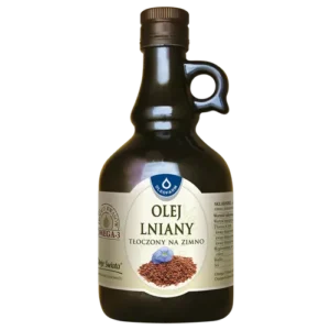 Butelka oleju lnianego tłoczonego na zimno, marki Oleofarm, z ozdobną etykietą.