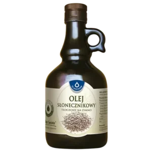 Butelka oleju słonecznikowego tłoczonego na zimno, OleoFarm, z ciemnego szkła, 750 ml.