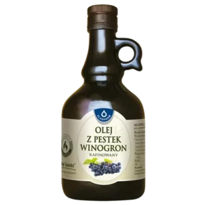 Butelka rafinowanego oleju z pestek winogron z etykietą przedstawiającą kiść winogron na białym tle.