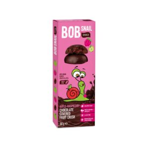 Opakowanie przekąski BOB Snail Choco z ciemną czekoladą i owocami: jabłko i malina, 30g, bez cukru i glutenu.