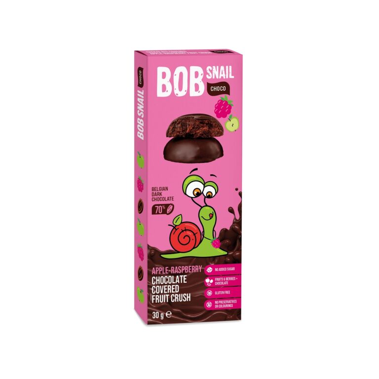 Opakowanie przekąski BOB Snail Choco z ciemną czekoladą i owocami: jabłko i malina, 30g, bez cukru i glutenu.