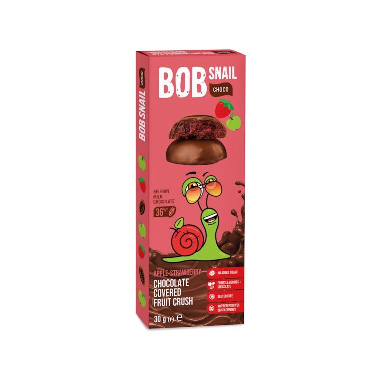 Opakowanie przekąski Bob Snail Choco z owocami w czekoladzie, smak jabłko-truskawka, bez dodatku cukru.