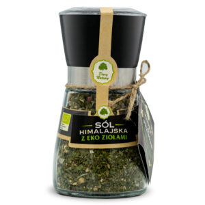 Młynek z solą himalajską i eko ziołami. Produkt marki Dary Natury. Nowoczesne opakowanie ozdobione etykietą.