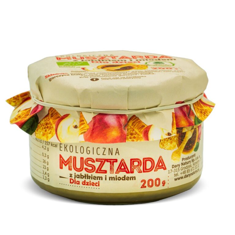 Ekologiczna musztarda z jabłkiem i miodem dla dzieci, 200g, w słoiku z kolorową etykietą.