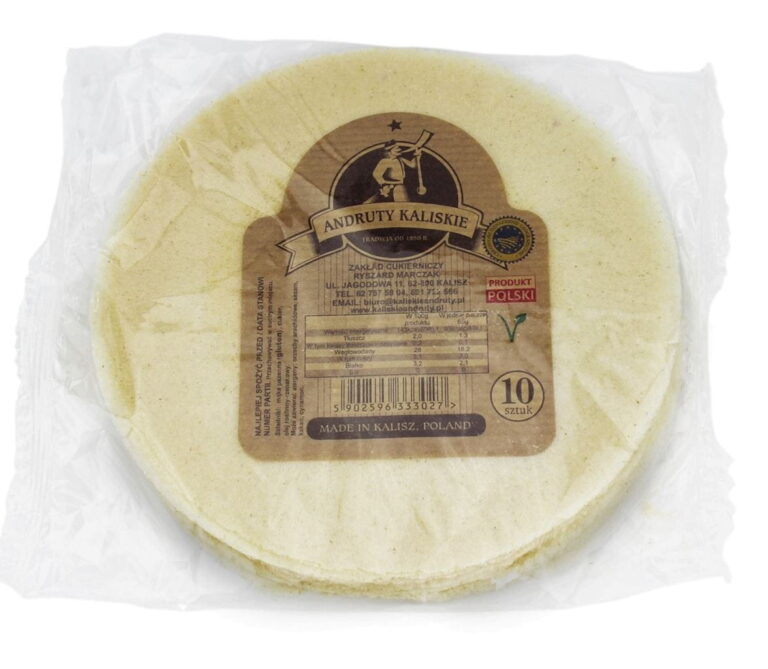 Opakowanie Andrutów Kaliskich, polskie wafle okrągłe, w przezroczystej folii, 10 sztuk, producent z Kalisza.