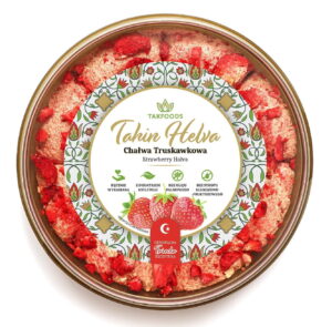 Opakowanie tahini helva truskawkowa Takfoods, ręcznie robiona, bez oleju palmowego i syropu glukozo-fruktozowego.