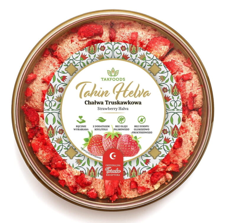Opakowanie tahini helva truskawkowa Takfoods, ręcznie robiona, bez oleju palmowego i syropu glukozo-fruktozowego.