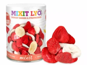 Liofilizowane plastry truskawek i bananów Mixit w tubie, wegańskie i bezglutenowe przekąski owocowe.