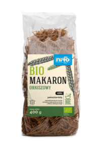 Opakowanie ekologicznego, pełnoziarnistego makaronu orkiszowego nitki 400g marki Niro Bio.