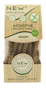 Wegańskie, bezglutenowe paluchy konopne z rozmarynem New Mountain w opakowaniu, keto friendly.