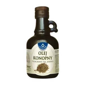 Butelka oleju konopnego tłoczonego na zimno z oznaczeniem Omega-3 na etykiecie.