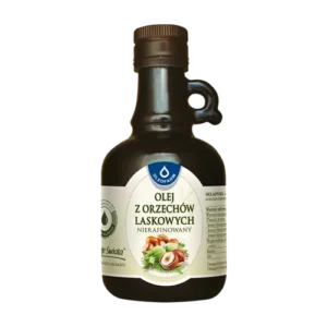 Butelka nierafinowanego oleju z orzechów laskowych Dr. Gaja, 250 ml, z brązowego szkła.