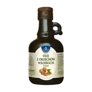 Butelka oleju z orzechów włoskich Virgin, 100% naturalny, o wysokiej zawartości Omega-3, na ciemnym tle.