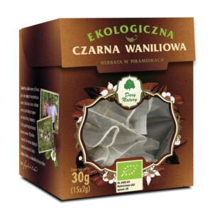 Ekologiczna czarna herbata waniliowa Dary Natury w piramidkach, opakowanie 30g, widok z przodu.