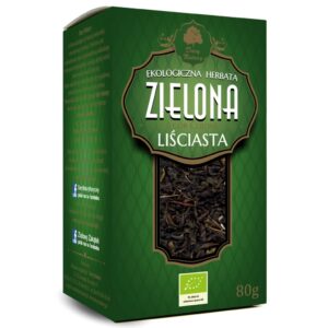 Opakowanie ekologicznej zielonej herbaty liściastej z Cejlonu, marki Dary Natury, 80g.