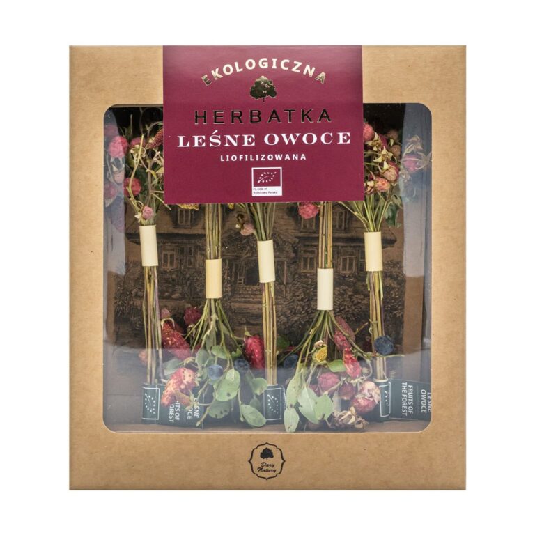 Ekologiczna herbatka z liofilizowanych leśnych owoców w kartonowym opakowaniu z przezroczystym okienkiem.